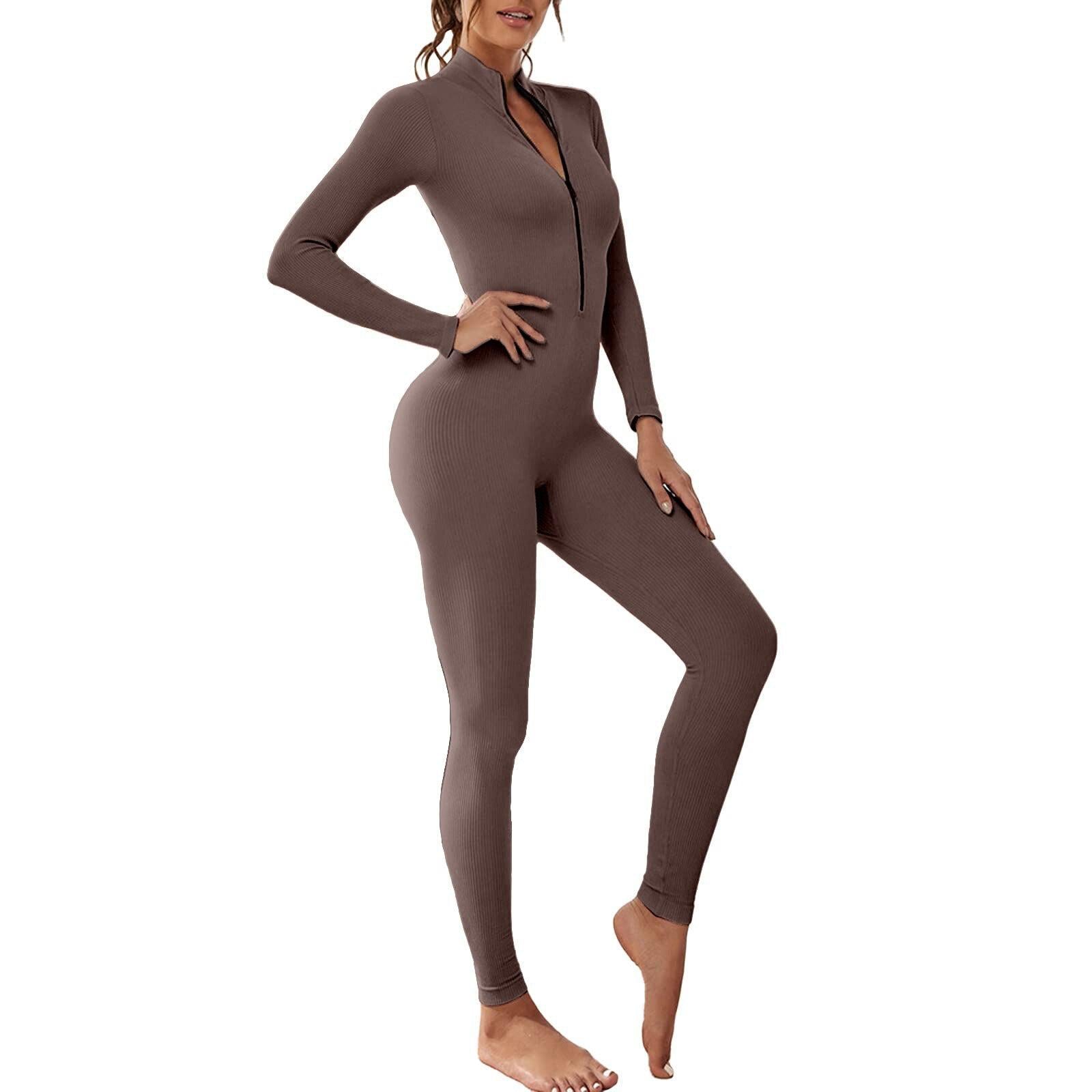 Women's Solid Black Bodycon Jumpsuit Long Sleeve Zipper Elastic Yoga Set-Maas