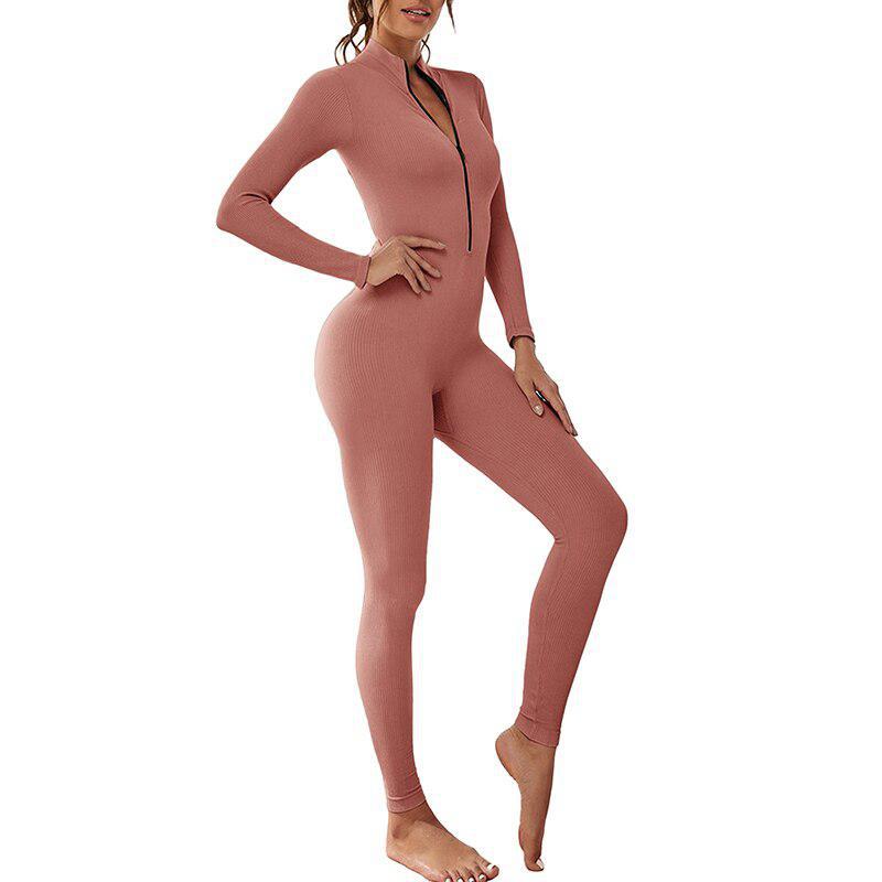 Women's Solid Black Bodycon Jumpsuit Long Sleeve Zipper Elastic Yoga Set-Maas