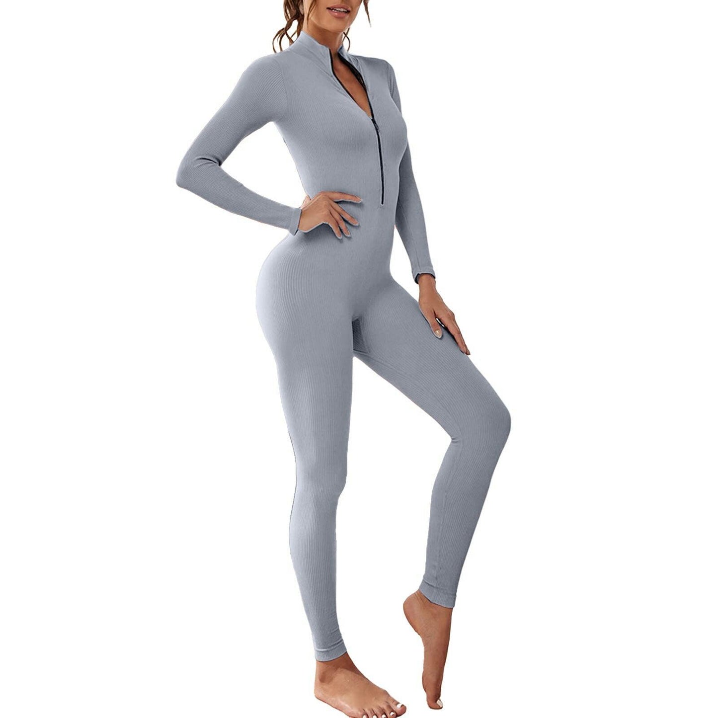 Women's Solid Black Bodycon Jumpsuit Long Sleeve Zipper Elastic Yoga Set-Maas