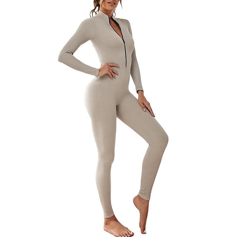 Women's Solid Black Bodycon Jumpsuit Long Sleeve Zipper Elastic Yoga Set-Maas