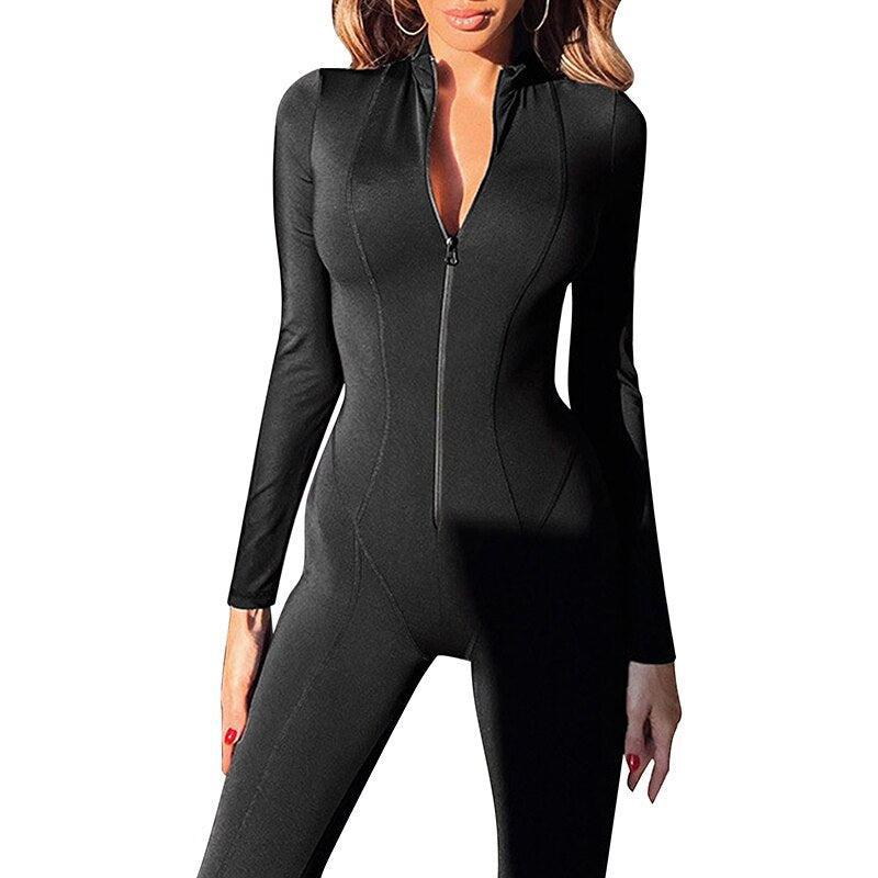 Women's Solid Black Bodycon Jumpsuit Long Sleeve Zipper Elastic Yoga Set-Maas