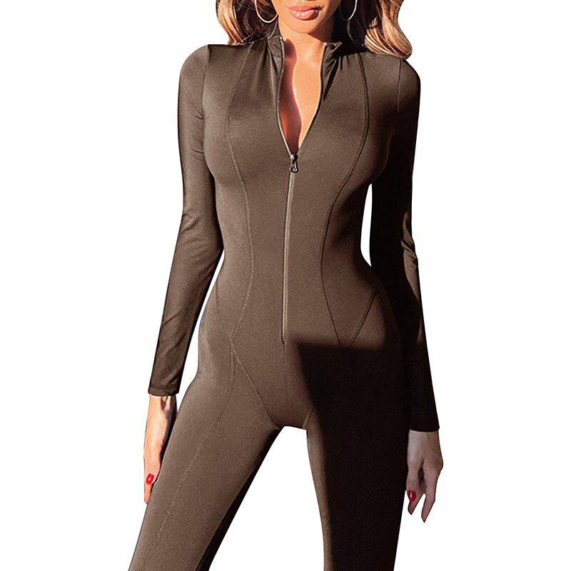 Women's Solid Black Bodycon Jumpsuit Long Sleeve Zipper Elastic Yoga Set-Maas