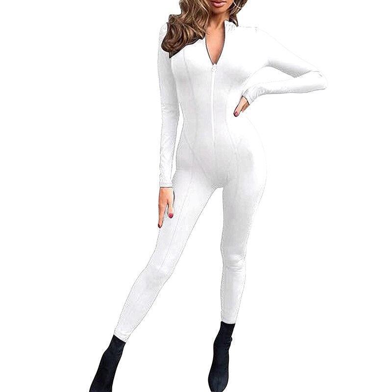 Women's Solid Black Bodycon Jumpsuit Long Sleeve Zipper Elastic Yoga Set-Maas