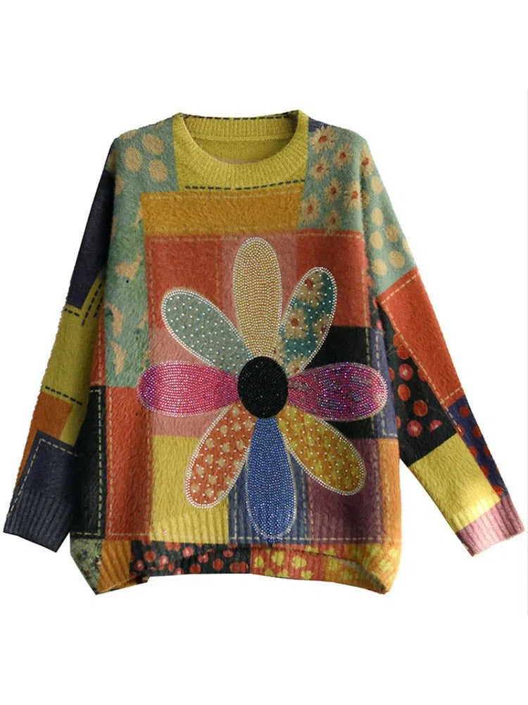 Women's Spring Clothes Floral Casual Sweaters Loose Oversized Pullovers-Maas