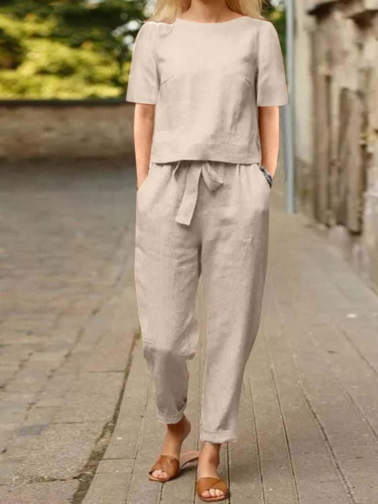 Women's Summer Matching Set O-Neck Blouse Wide Leg Pant Elastic-Maas