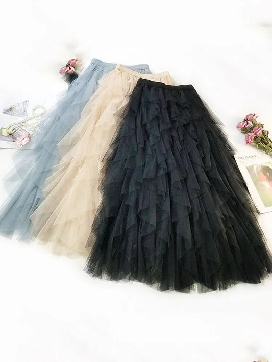 Women's Tulle Skirt Long Maxi High Waist Pleated-Maas