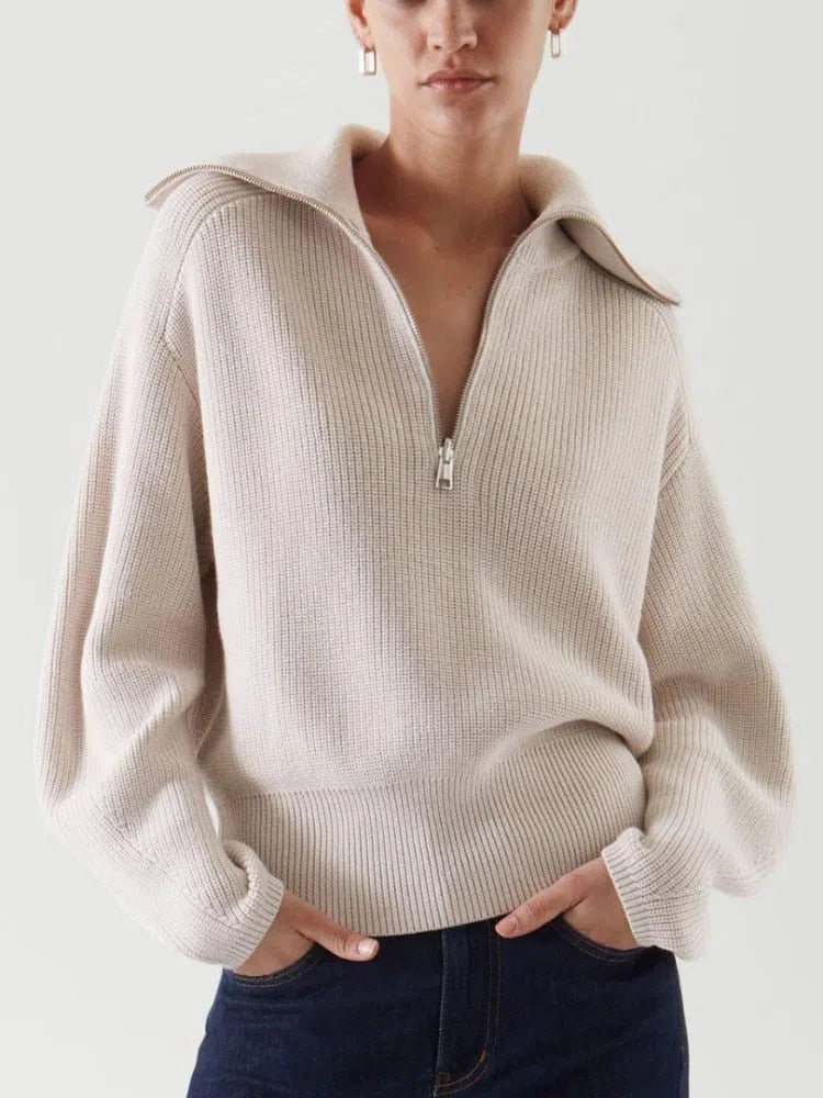 Women's Turtleneck Zippers Sweater Solid Pullover Long Sleeves-Maas