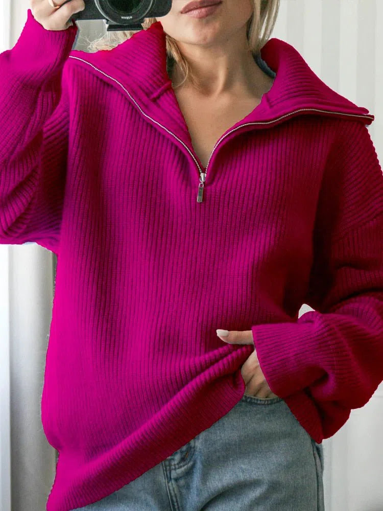 Women's Turtleneck Zippers Sweater Solid Pullover Long Sleeves-Maas