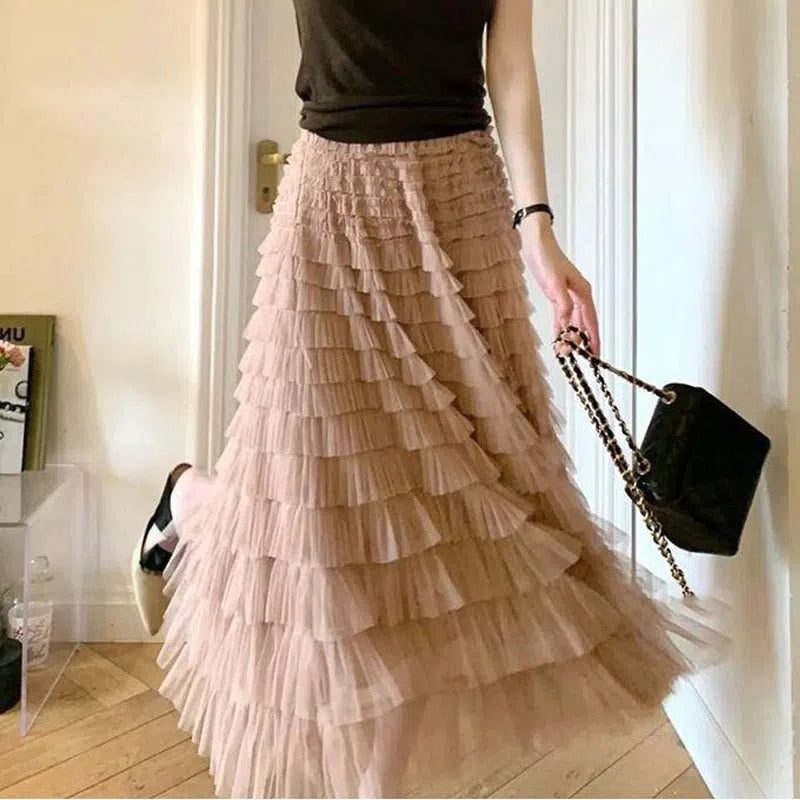 Women's Tutu Cake Skirt Cascading Ruffles Long Elastic Waist-Maas