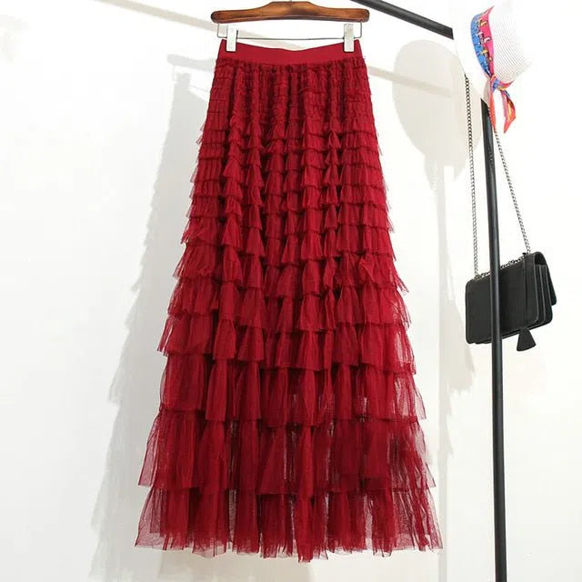 Women's Tutu Cake Skirt Cascading Ruffles Long Elastic Waist-Maas