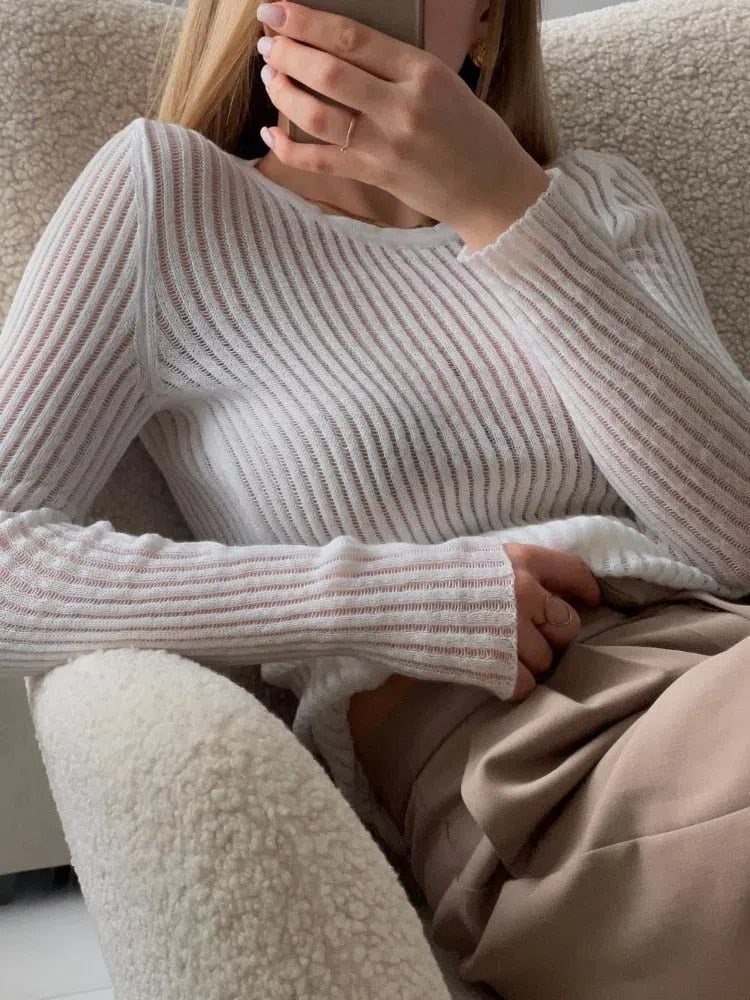 Women's White Elegant Striped See Through Top Long Sleeves-Maas