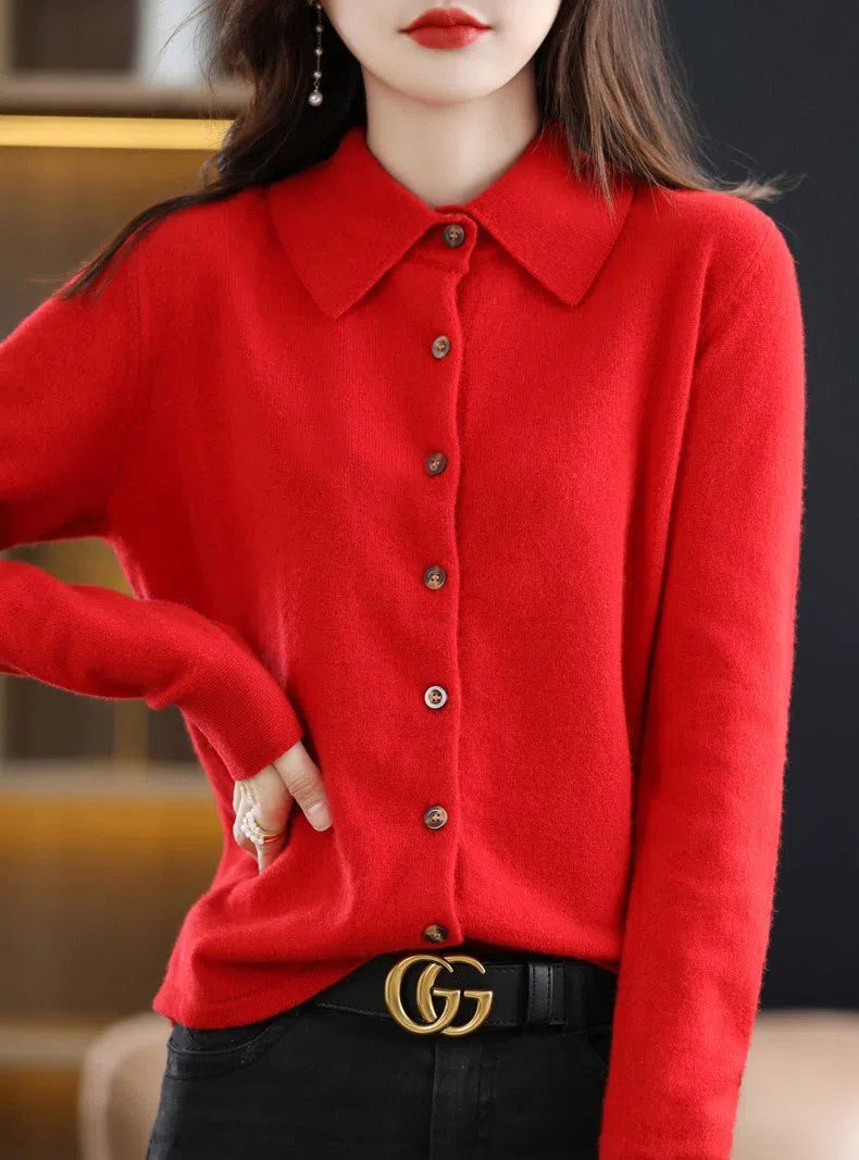 Women's Wool Knit Cardigan Loose Polo Collar Sweater Button Pullover-Maas