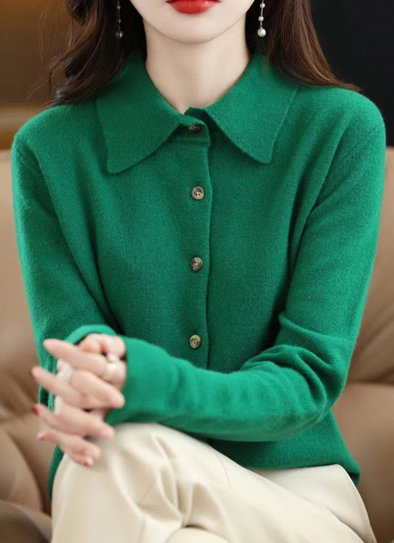 Women's Wool Knit Cardigan Loose Polo Collar Sweater Button Pullover-Maas