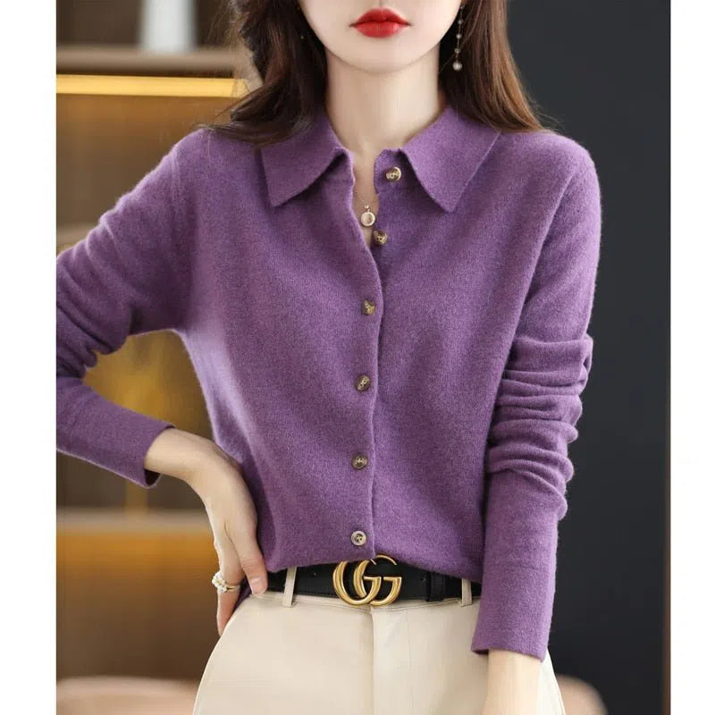 Women's Wool Knit Cardigan Loose Polo Collar Sweater Button Pullover-Maas