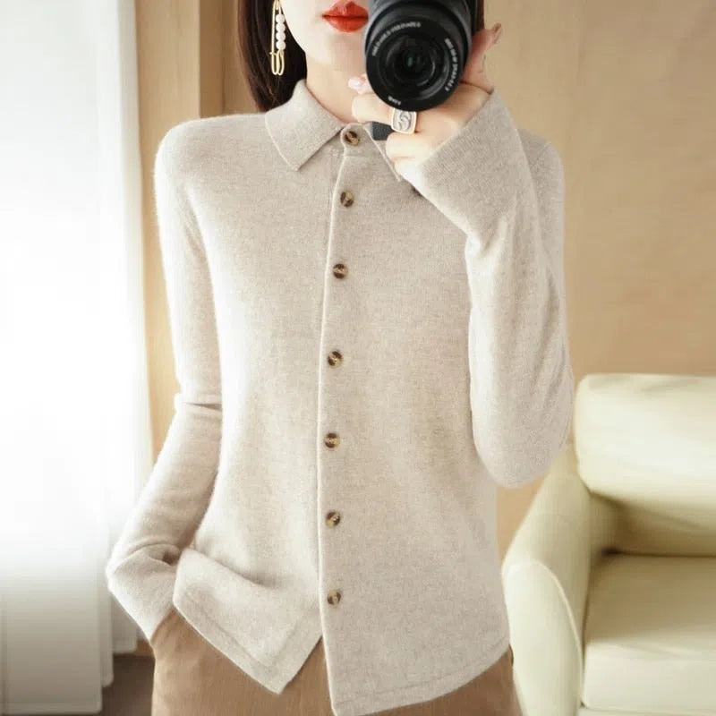 Women's Wool Knit Cardigan Loose Polo Collar Sweater Button Pullover-Maas