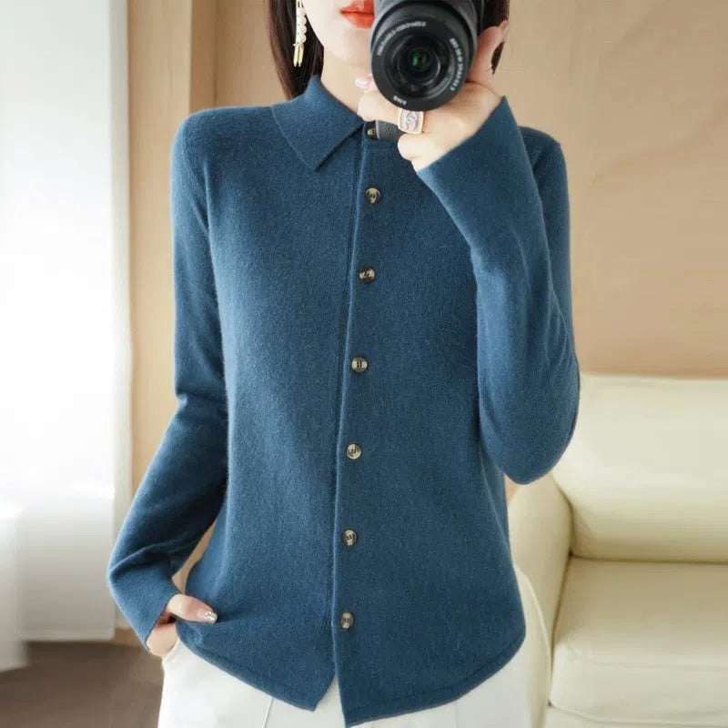 Women's Wool Knit Cardigan Loose Polo Collar Sweater Button Pullover-Maas