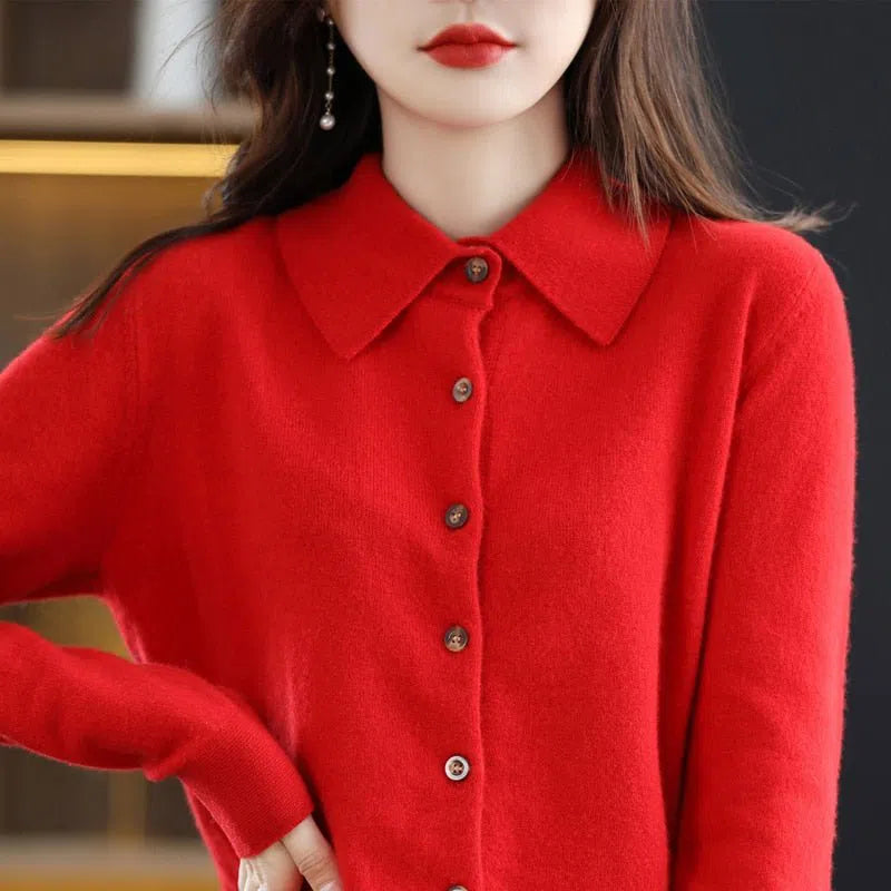 Women's Wool Knit Cardigan Loose Polo Collar Sweater Button Pullover-Maas