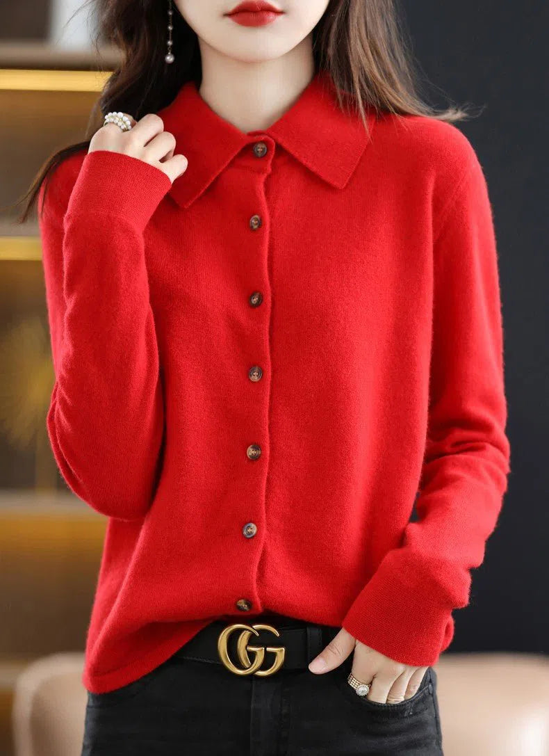 Women's Wool Knit Cardigan Loose Polo Collar Sweater Button Pullover-Maas