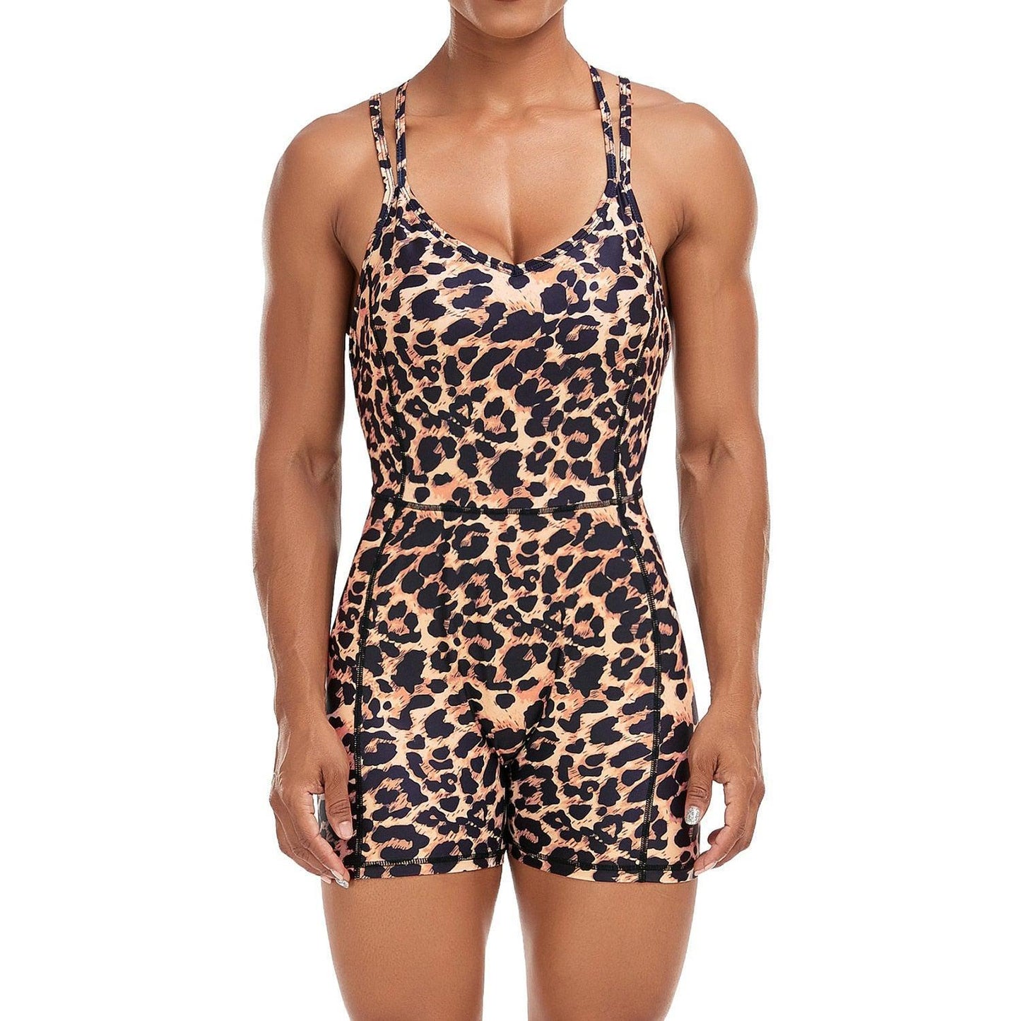 Women's Yoga Backless Leopard Jumpsuit Workout Catsuit Bodysuit Sleeveless Bodycon Sexy-Maas