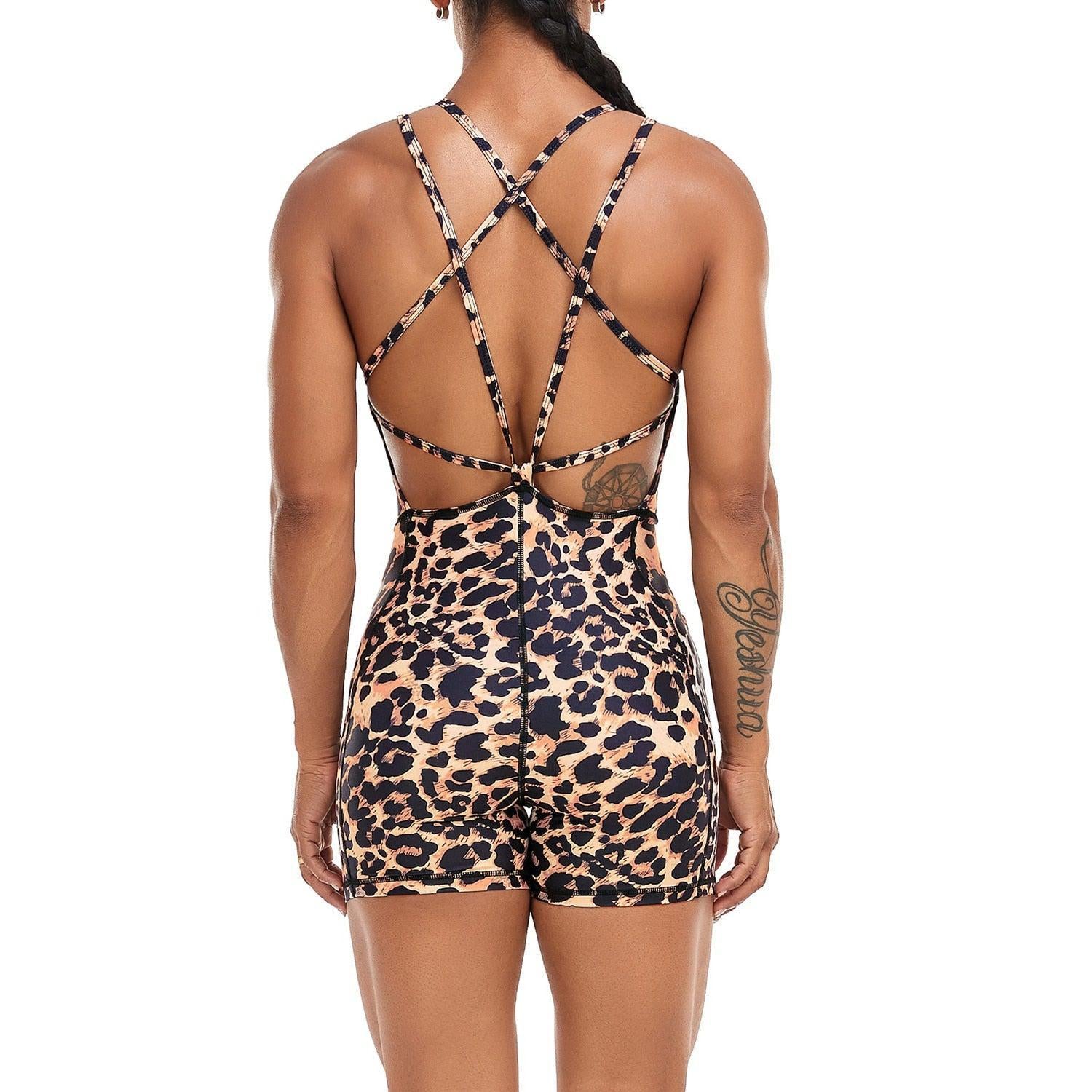 Women's Yoga Backless Leopard Jumpsuit Workout Catsuit Bodysuit Sleeveless Bodycon Sexy-Maas