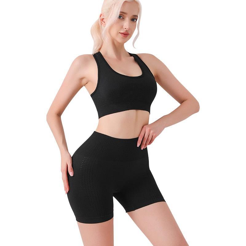 Women's Yoga Set Workout Seamless Leggings Bra Suit High Waist Shorts-Maas