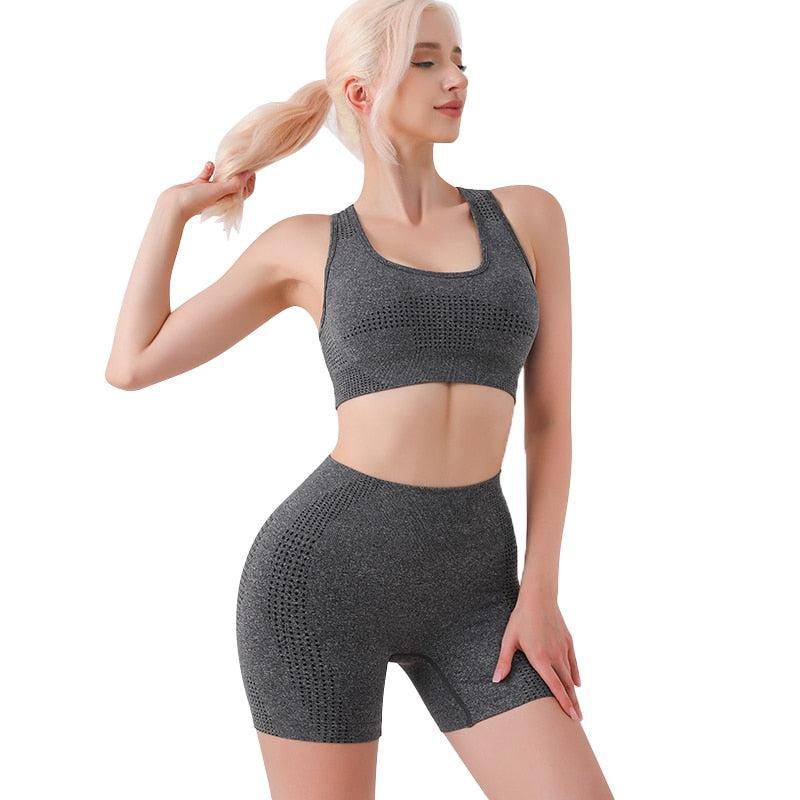 Women's Yoga Set Workout Seamless Leggings Bra Suit High Waist Shorts-Maas