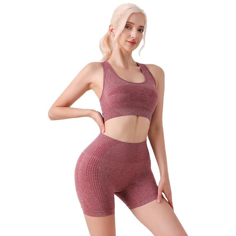 Women's Yoga Set Workout Seamless Leggings Bra Suit High Waist Shorts-Maas