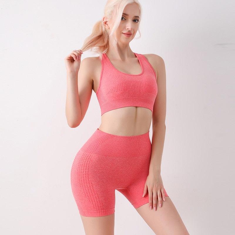 Women's Yoga Set Workout Seamless Leggings Bra Suit High Waist Shorts-Maas