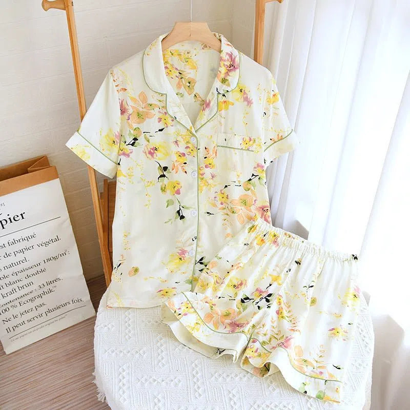 summer new women's pajamas thin section short-sleeved shorts large floral print pajamas home service ladies pajamas for women-Maas