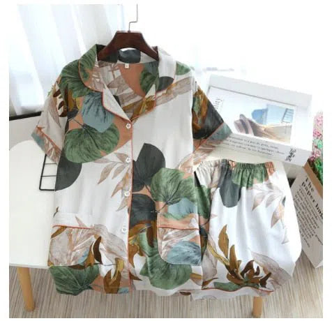 summer new women's pajamas thin section short-sleeved shorts large floral print pajamas home service ladies pajamas for women-Maas