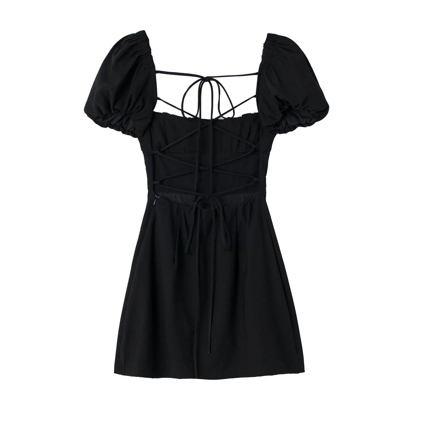 women linen blend dress square neck short puff sleeves backless crossover straps-Maas